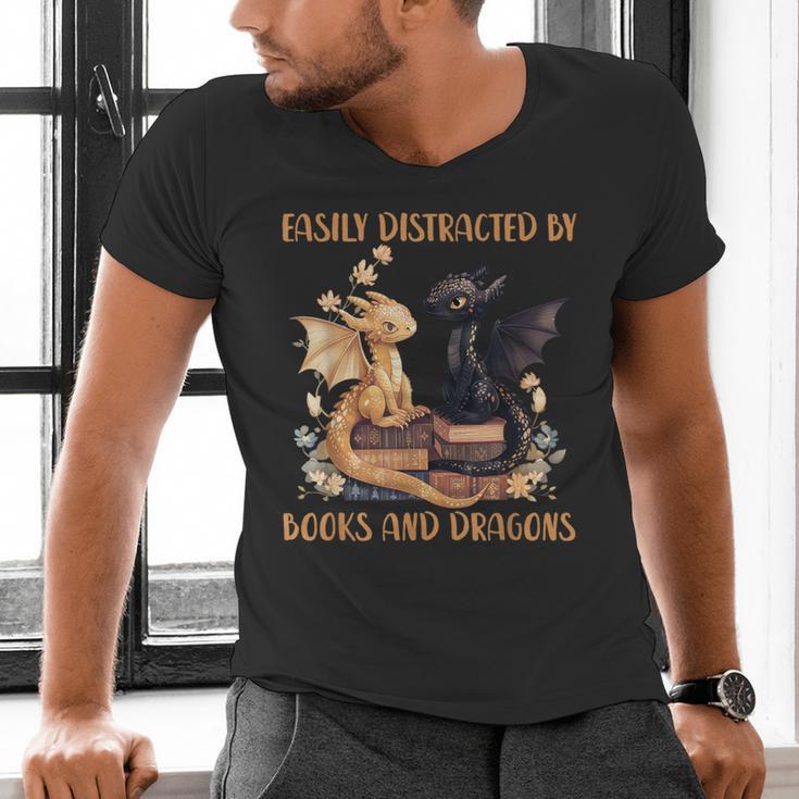 Easily Distracted By Books & Dragons Librarian Book Lover Men's V-Neck T-Shirt