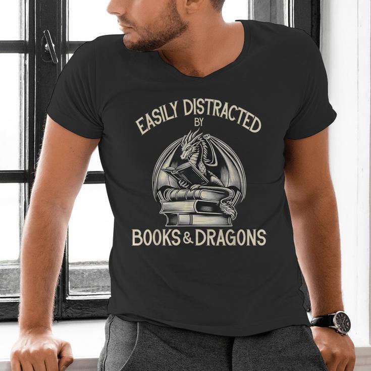 Easily Distracted By Books And Dragons Book Dragon Lover Men's V-Neck T-Shirt