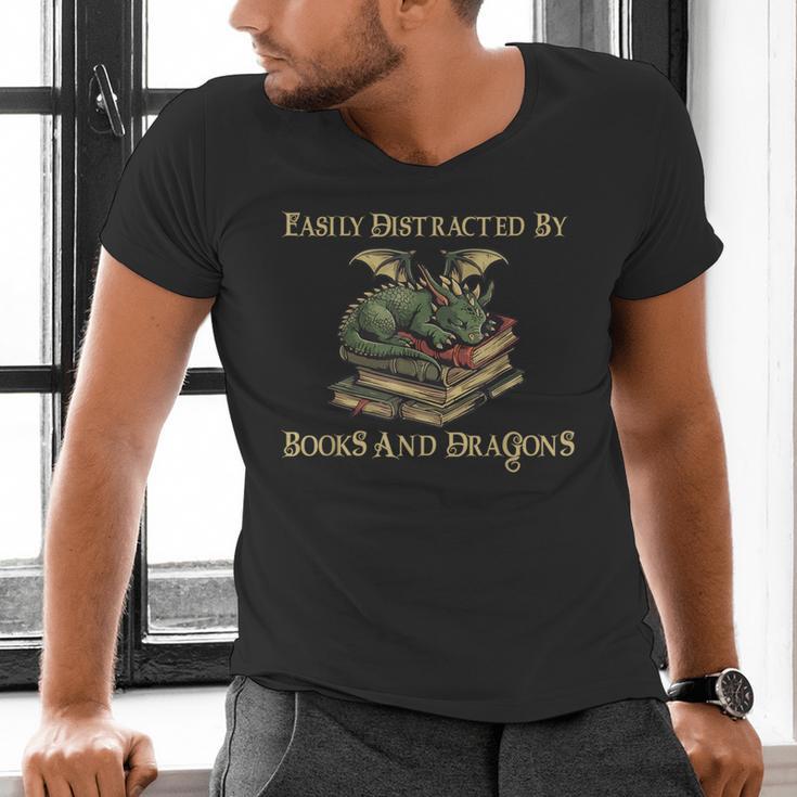 Easily Distracted By Books And Dragons Graphic Men's V-Neck T-Shirt Easily Distracted By Books And Dragons Graphic Men's V-Neck T-Shirt
