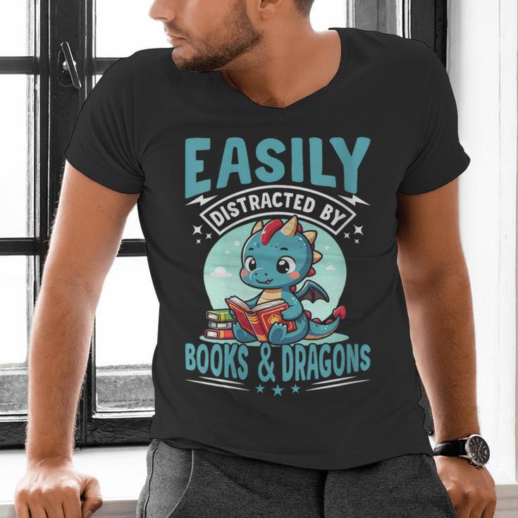 Easily Distracted By Books And Dragons Nerds Men's V-Neck T-Shirt