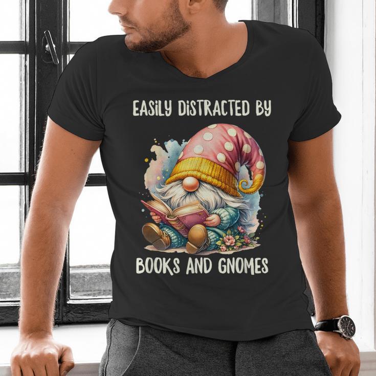 Easily Distracted By Books And Gnomes Book Reading Gnome Men's V-Neck T-Shirt