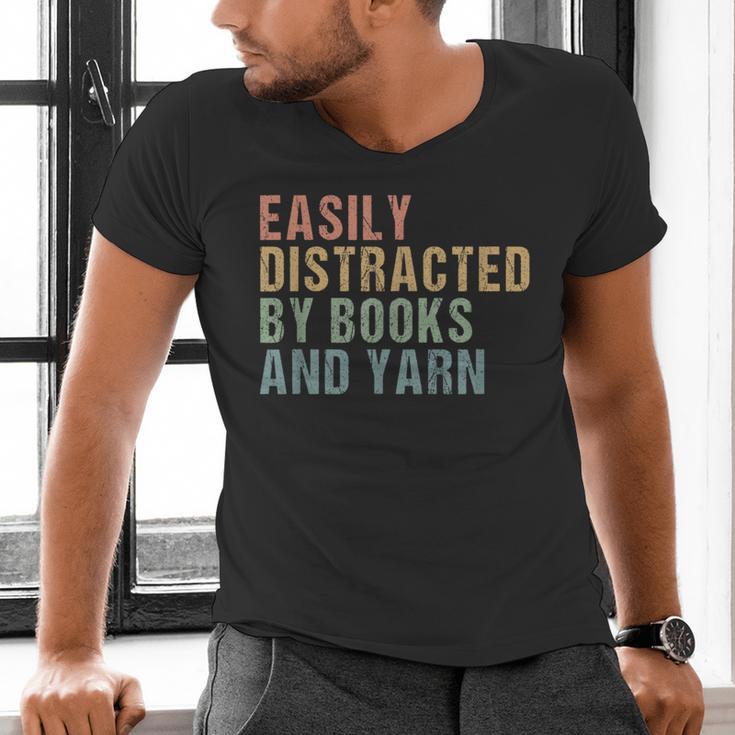 Easily Distracted By Books And Yarn Knitting & Crocheting Men's V-Neck T-Shirt