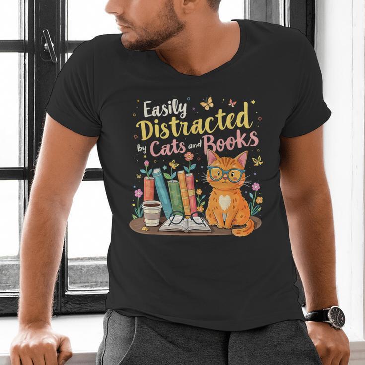 Easily Distracted By Cats And Books Book & Cat Lover Men's V-Neck T-Shirt