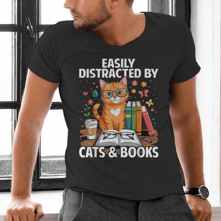 Easily Distracted By Cats And Books Book Lover Cat Men's V-Neck T-Shirt