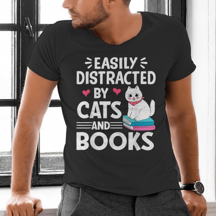 Easily Distracted By Cats And Books Cute Cat And Book Lovers Men's V-Neck T-Shirt