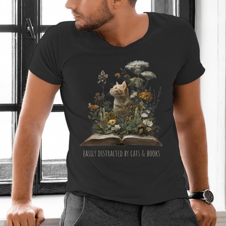 Easily Distracted By Cats And Books Men's V-Neck T-Shirt