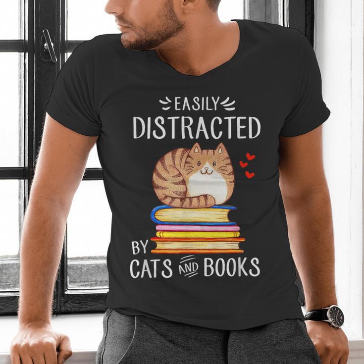 Easily Distracted By Cats And Books Reading Lover Bookish Men's V-Neck T-Shirt Easily Distracted By Cats And Books Reading Lover Bookish Men's V-Neck T-Shirt