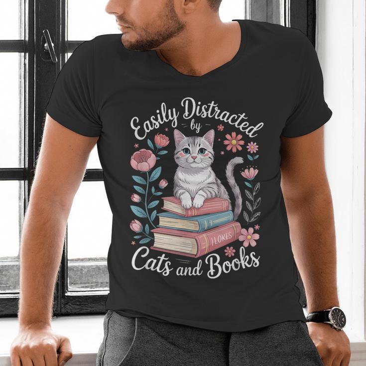 Easily Distracted By Cats And Books Reading Men's V-Neck T-Shirt