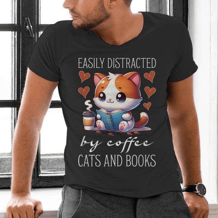 Easily Distracted By Coffee Cats And Books Men's V-Neck T-Shirt