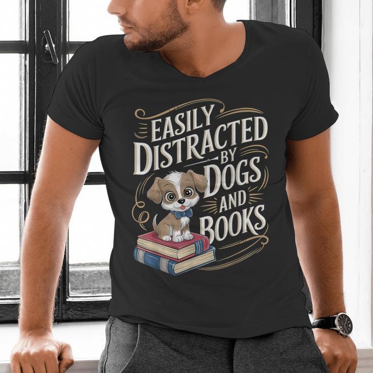 Easily Distracted By Dogs And Books Reader Animal Dog Men's V-Neck T-Shirt