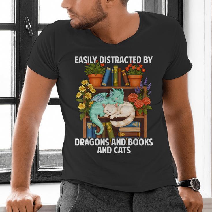 Easily Distracted By Dragons Books Cats Fantasy Book Lover Men's V-Neck T-Shirt