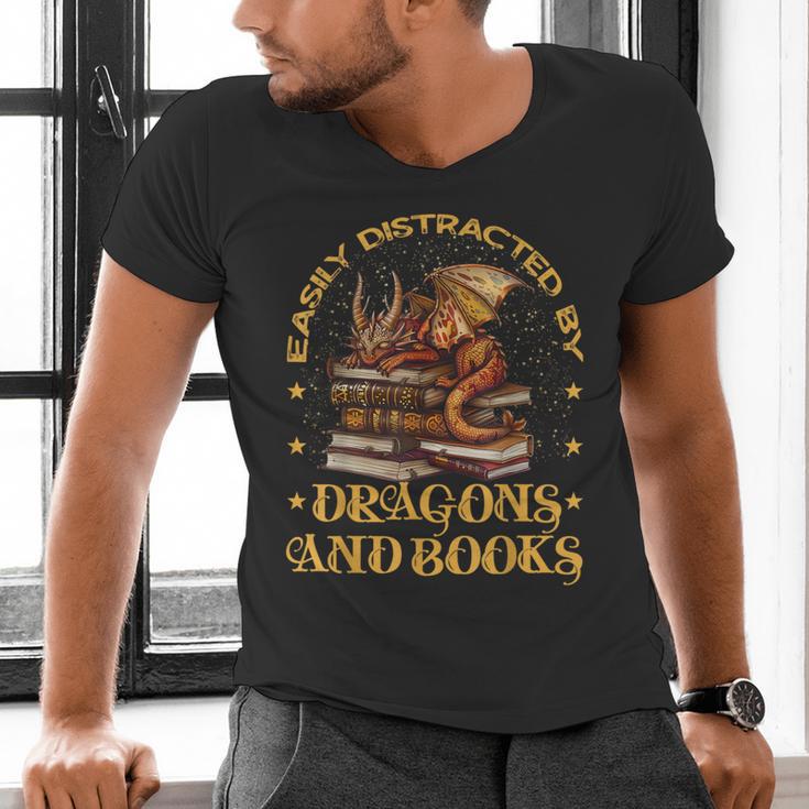Easily Distracted By Dragons And Books Fantasy Book Lover Men's V-Neck T-Shirt
