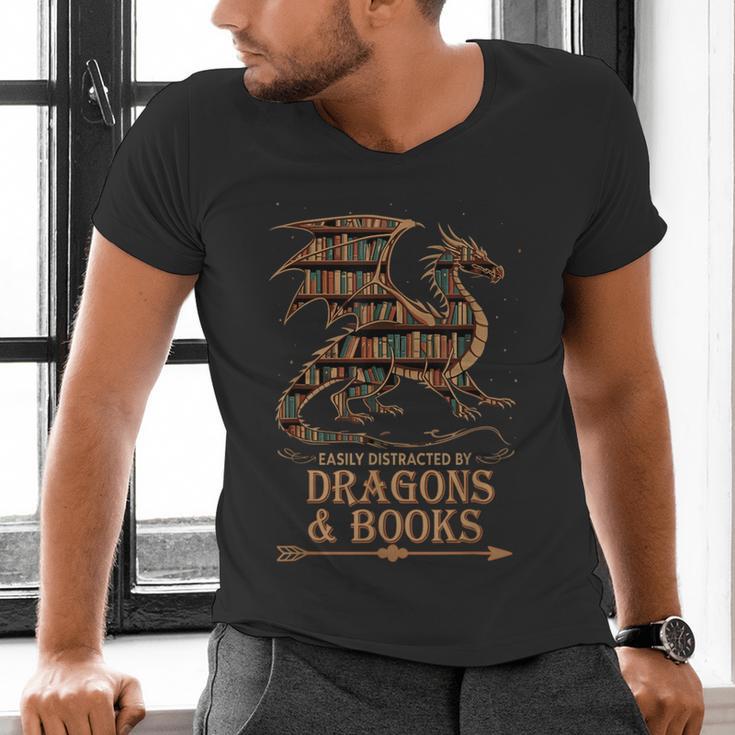 Easily Distracted By Dragons And Books Library Dragon Lover Men's V-Neck T-Shirt Easily Distracted By Dragons And Books Library Dragon Lover Men's V-Neck T-Shirt