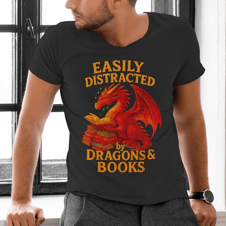 Easily Distracted By Dragons And Books Reading Men's V-Neck T-Shirt