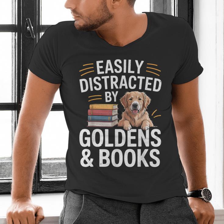 Easily Distracted By Goldens & Books Golden Retriever Dog Men's V-Neck T-Shirt