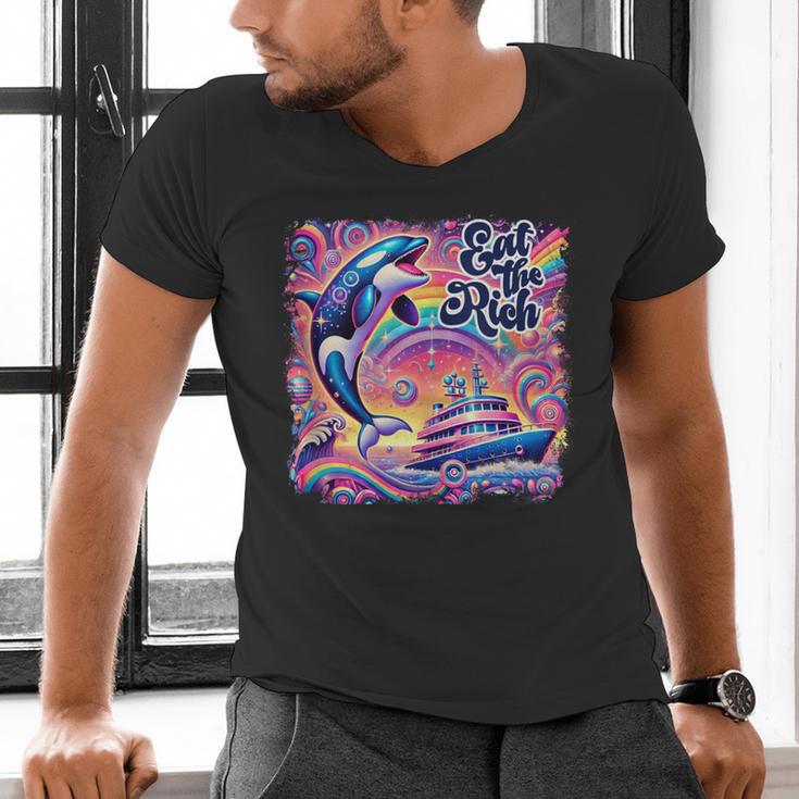 EAT THE RICH 90S NOSTALGIA WHALE ORCA YAHCT RETRO Men's V-Neck T-Shirt