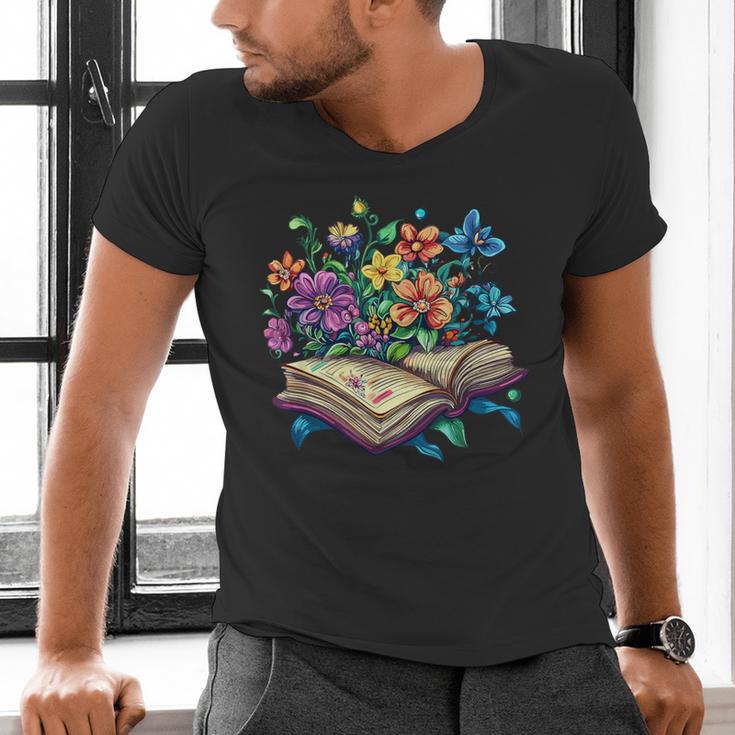 Enchanted Open Book With Blooming Flowers Men's V-Neck T-Shirt