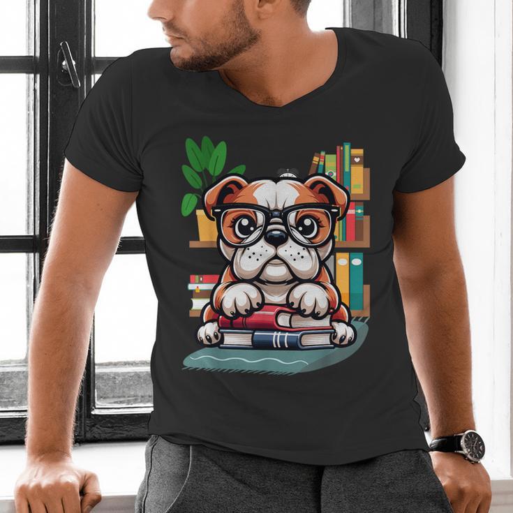 English Bulldog Reading a Book Dog Men's V-Neck T-Shirt English Bulldog Reading a Book Dog Men's V-Neck T-Shirt
