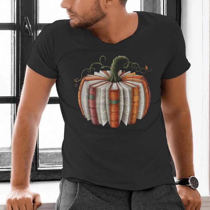 Fall Book Pumpkin Halloween Teacher Librarian Thanksgiving Men's V-Neck T-Shirt