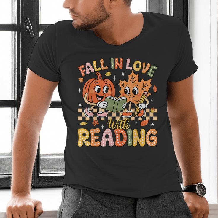 Fall In Love With Reading Autumn Pumpkin Teacher Book Lover Men's V-Neck T-Shirt