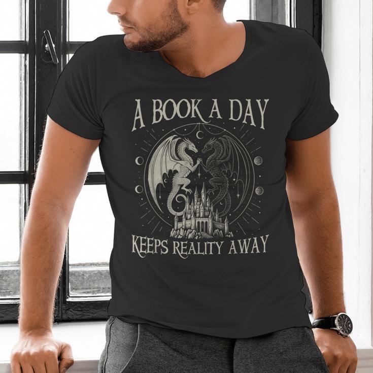 Fantasy Book Club Dragon Reader Book A Day Keep Reality Away Men's V-Neck T-Shirt Fantasy Book Club Dragon Reader Book A Day Keep Reality Away Men's V-Neck T-Shirt