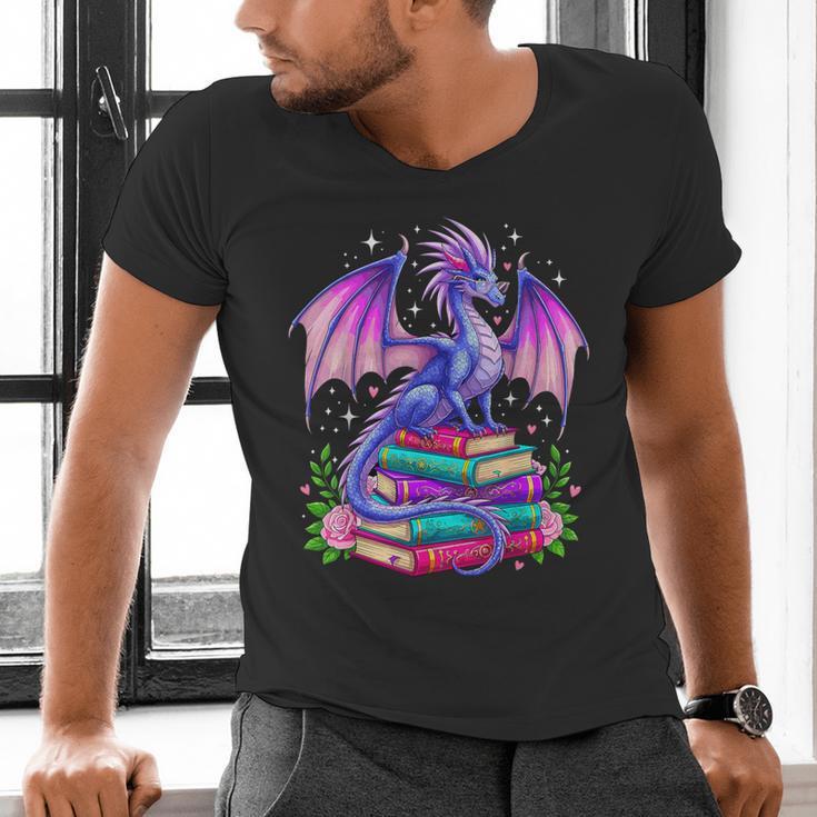 Fantasy Dragon Reading Books Bookworm Men's V-Neck T-Shirt Fantasy Dragon Reading Books Bookworm Men's V-Neck T-Shirt