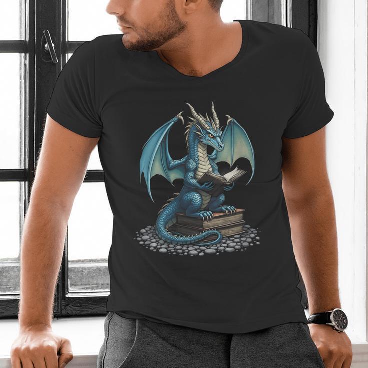Fantasy Dragon Reading Magical Book Lover Halloween Vibes Men's V-Neck T-Shirt Fantasy Dragon Reading Magical Book Lover Halloween Vibes Men's V-Neck T-Shirt