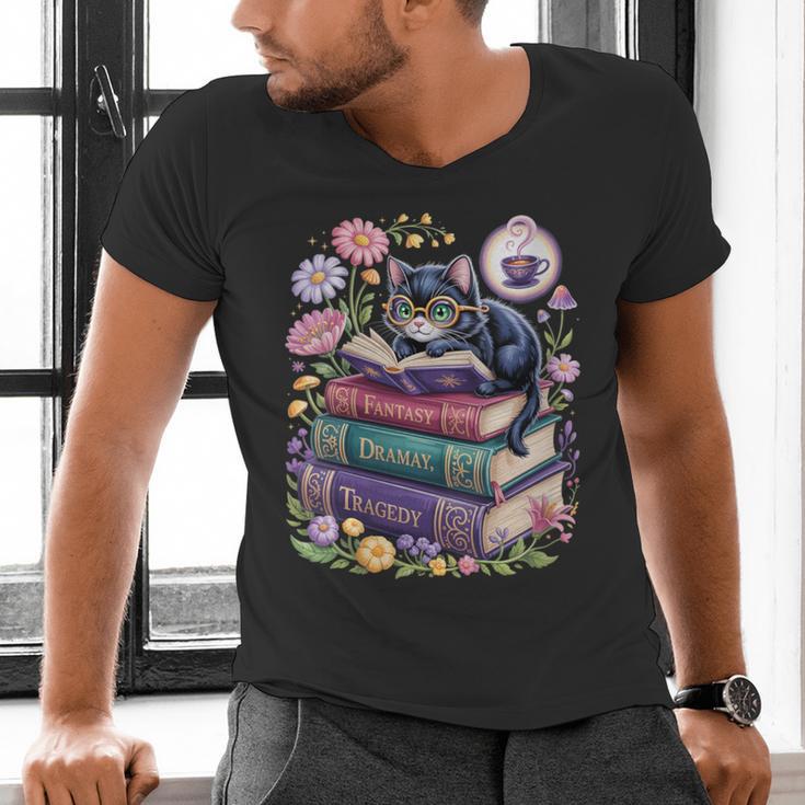 Fantasy Drama Tragedy Cute Cat Book Lover Readers Librarians Men's V-Neck T-Shirt Fantasy Drama Tragedy Cute Cat Book Lover Readers Librarians Men's V-Neck T-Shirt