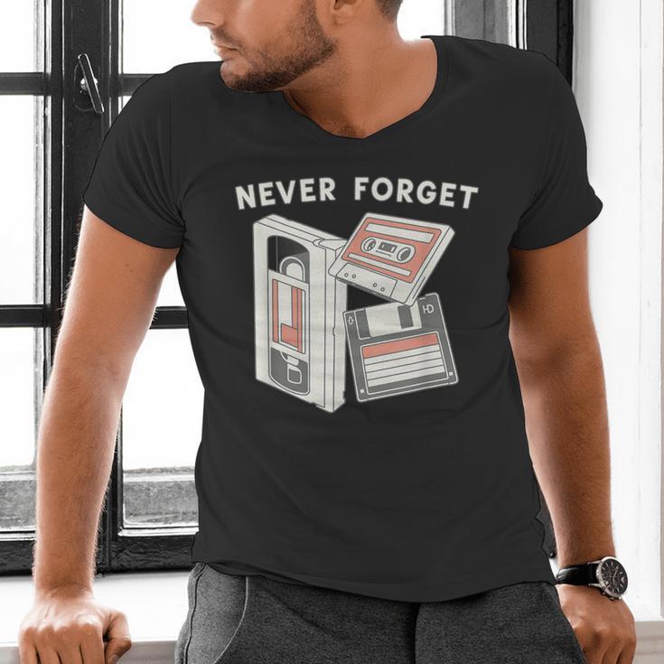 Never Forget VHS Tape Cassette Floppy Disk Nostalgia 80s 90s Men's V-Neck T-Shirt