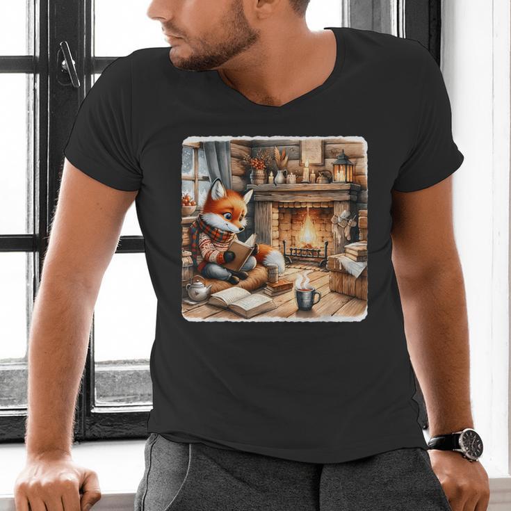 Fox Reads By Fireplace In Cabin Rustic Book Cozy Cup Tea Men's V-Neck T-Shirt