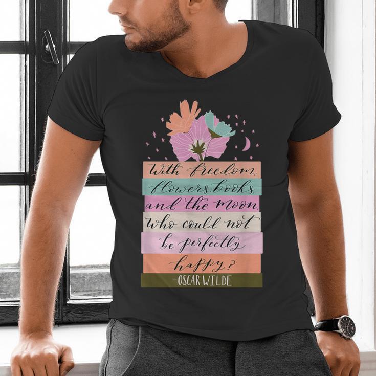 With Freedom Flowers Books And The Moon Men's V-Neck T-Shirt