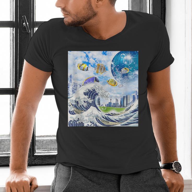 Frutiger Aero Aesthetic Tech Great Wave Of Kanagawa Fishes Men's V-Neck T-Shirt Frutiger Aero Aesthetic Tech Great Wave Of Kanagawa Fishes Men's V-Neck T-Shirt
