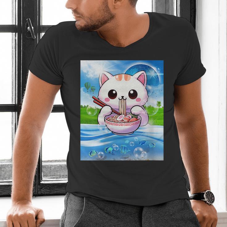 Frutiger Aero Aesthetic Tech Kawaii Ramen Cat Fishes Men's V-Neck T-Shirt Frutiger Aero Aesthetic Tech Kawaii Ramen Cat Fishes Men's V-Neck T-Shirt
