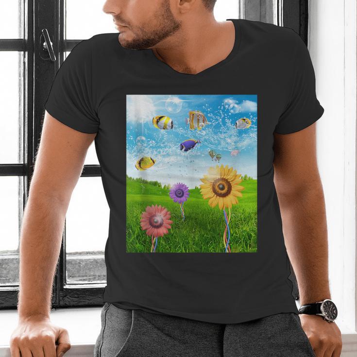 Frutiger Aero Aesthetic Tech Scenery Fishes Sunflower Men's V-Neck T-Shirt Frutiger Aero Aesthetic Tech Scenery Fishes Sunflower Men's V-Neck T-Shirt