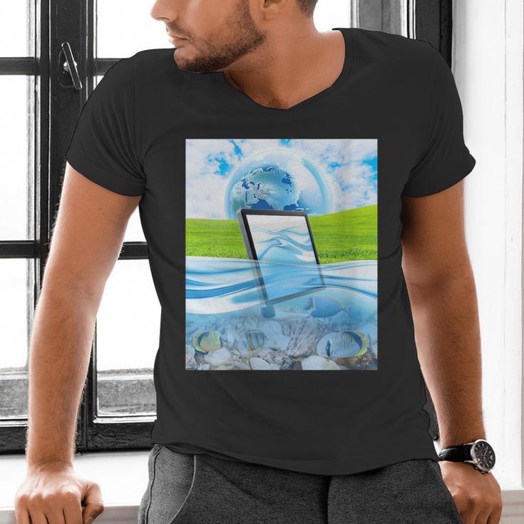 Frutiger Aero Aesthetic Tech Water Fishes Monitor Screen Men's V-Neck T-Shirt Frutiger Aero Aesthetic Tech Water Fishes Monitor Screen Men's V-Neck T-Shirt