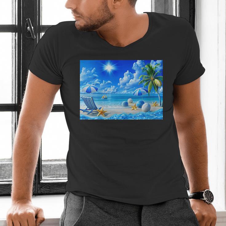 Frutiger Aero Beach Y2k Aesthetic Palm Tree Sand Ocean Men's V-Neck T-Shirt