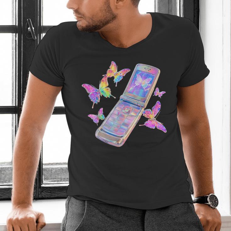 Frutiger Aero Y2K Chrome Phone Butterfly Men's V-Neck T-Shirt