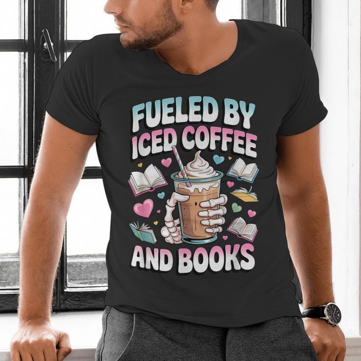 Fueled By Iced Coffee And Books Book Lover Retro Men's V-Neck T-Shirt