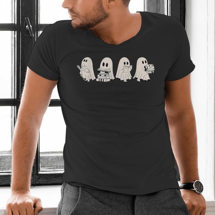 Ghost Book Reading Halloween Books Lover Teacher Kids Men's V-Neck T-Shirt Ghost Book Reading Halloween Books Lover Teacher Kids Men's V-Neck T-Shirt