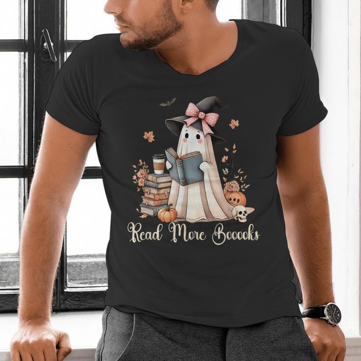 Ghost Reading Book Coquette Bow Halloween Girl Kid Teacher Men's V-Neck T-Shirt