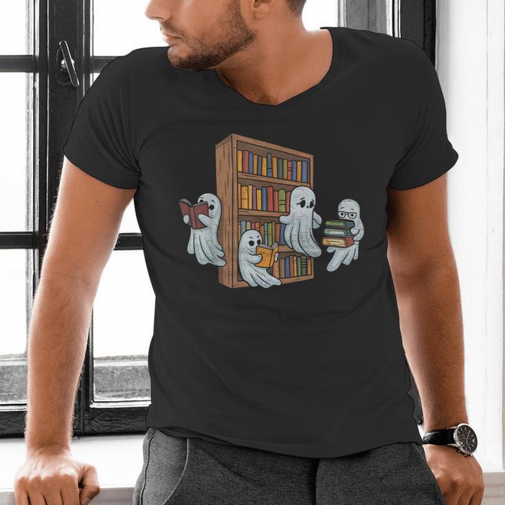 Ghosts Reading Books Teacher Halloween Librarian Book Lover Men's V-Neck T-Shirt
