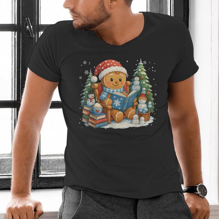 Gingerbread Reading Book Lovers Christmas Bookworm Librarian Men's V-Neck T-Shirt Gingerbread Reading Book Lovers Christmas Bookworm Librarian Men's V-Neck T-Shirt