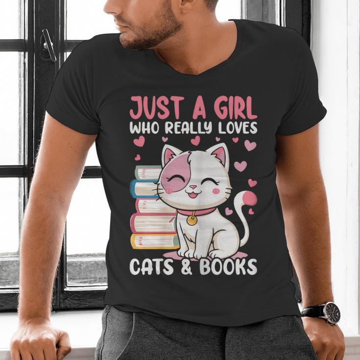 Girl Who Loves Cats And Books Cute Men's V-Neck T-Shirt