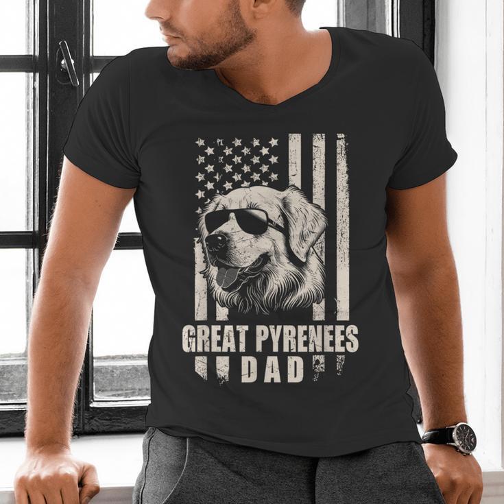 Great Pyrenees Dog Dad American Flag For Father Men Men's V-Neck T-Shirt Great Pyrenees Dog Dad American Flag For Father Men Men's V-Neck T-Shirt