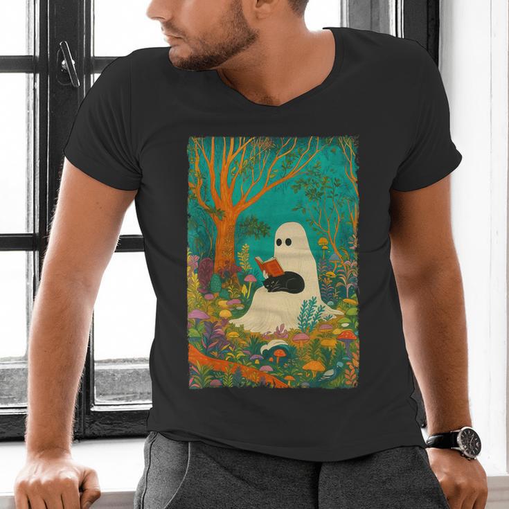 Groovy Ghost Reading Book Cat Halloween Ghost Teacher Men's V-Neck T-Shirt Groovy Ghost Reading Book Cat Halloween Ghost Teacher Men's V-Neck T-Shirt