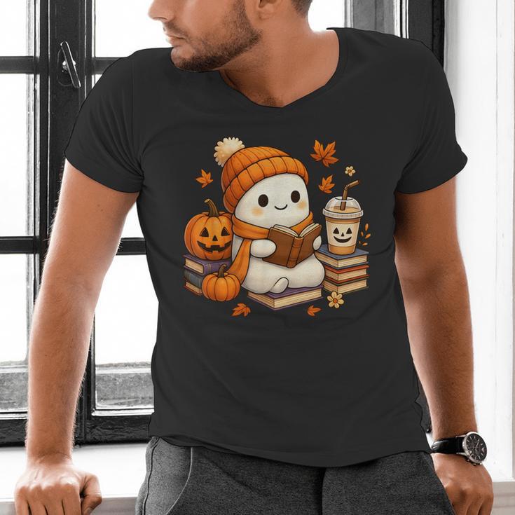 Halloween Ghost Reading Book Lovers Coffee Girl Women Men's V-Neck T-Shirt Halloween Ghost Reading Book Lovers Coffee Girl Women Men's V-Neck T-Shirt