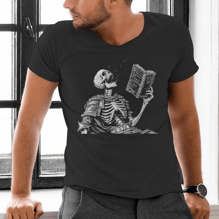 Hilarious Skeleton Holding a Book And Laughing Gothic Men's V-Neck T-Shirt