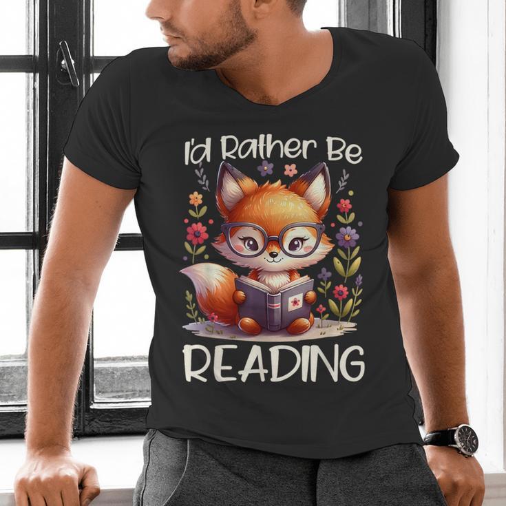 I'd Rather Be Reading Cute Fox Book Lover Reader Bookworm Men's V-Neck T-Shirt