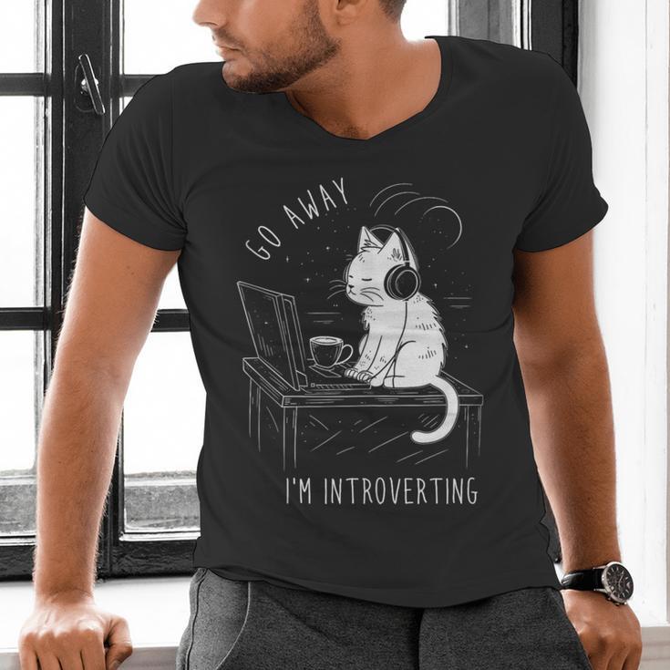 Introvert Cat With Coffee On Computer Antisocial Emo Goth Men's V-Neck T-Shirt Introvert Cat With Coffee On Computer Antisocial Emo Goth Men's V-Neck T-Shirt