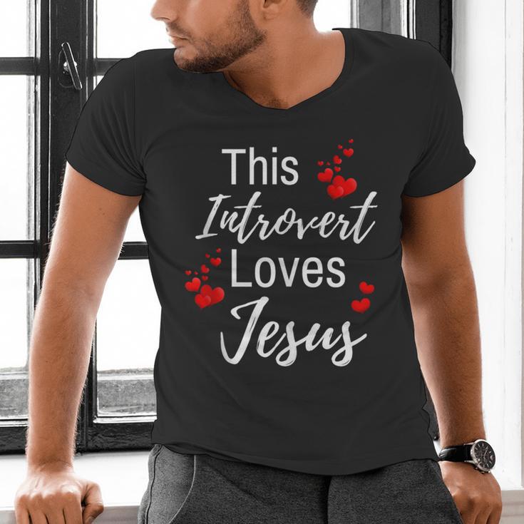 This Introvert Loves Jesus Religious Red Hearts Graphic Men's V-Neck T-Shirt This Introvert Loves Jesus Religious Red Hearts Graphic Men's V-Neck T-Shirt